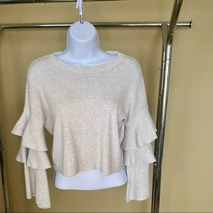Light heather grey sweater with ruffled sleeves